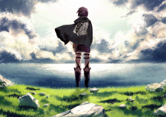 Картинка аниме shingeki+no+kyojin арт meola вторжение гигантов shingeki no kyojin eren jaeger парень плащ небо облака