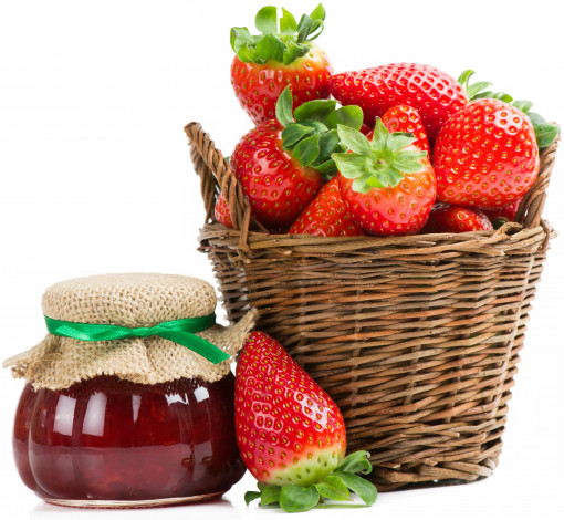 Обои картинки фото еда, клубника,  земляника, ягоды, джем, банка, корзина