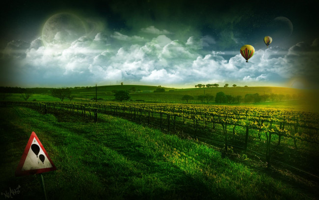 Обои картинки фото разное, компьютерный дизайн, виноградник, воздушные, шары, зелень, знак, трава, облака