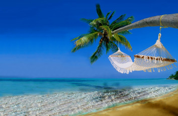 Картинка природа тропики landscape palm trees vacation вода песок ammock nature beach sand ocean sky небо гамак пляж море океан пейзаж отдых пальмы sea water