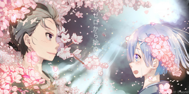 Обои картинки фото аниме, re,  zero kara hajimeru isekai seikatsu, рем, субару, цветы