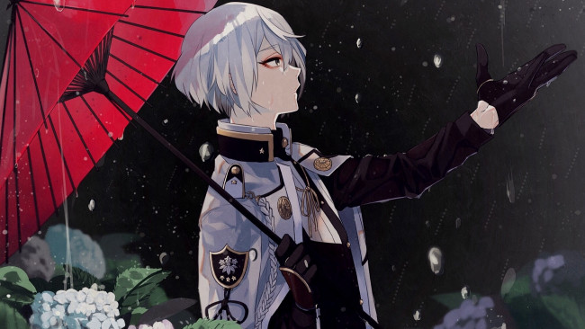 Обои картинки фото аниме, touken ranbu, парень, зонт, дождь