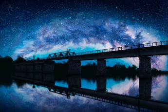 обоя аниме, unknown,  другое, железнодорожные, пути, небо, река, отражение, мост, ночь, liwei191