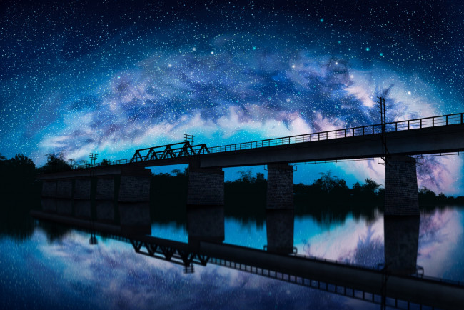 Обои картинки фото аниме, unknown,  другое, железнодорожные, пути, небо, река, отражение, мост, ночь, liwei191