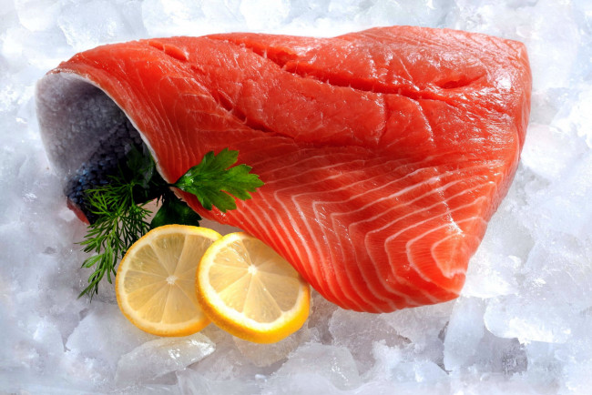 Обои картинки фото еда, рыба,  морепродукты,  суши,  роллы, лимон, укроп, лосось, лед