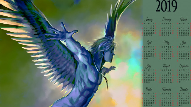 Обои картинки фото календари, фэнтези, крылья, ангел, мужчина, calendar, 2019