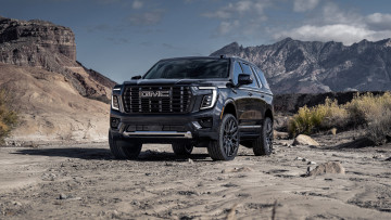 обоя автомобили, gm-gmc, gmc, yukon, denali, ultimate, 2025, чeрный, кроссовер, природа, горы