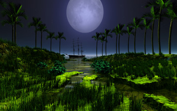 Картинка 3д графика nature landscape природа ночь море парусник луна пальмы