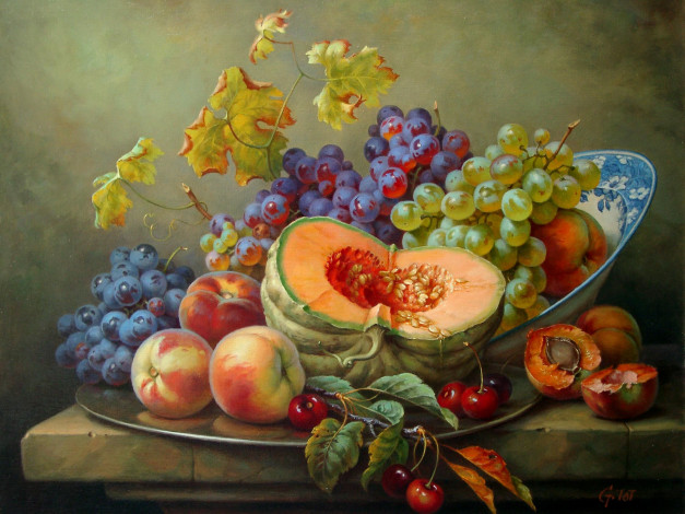 Обои картинки фото рисованные, gabor, toth, фрукты, яблоко, вишня, персик, виноград
