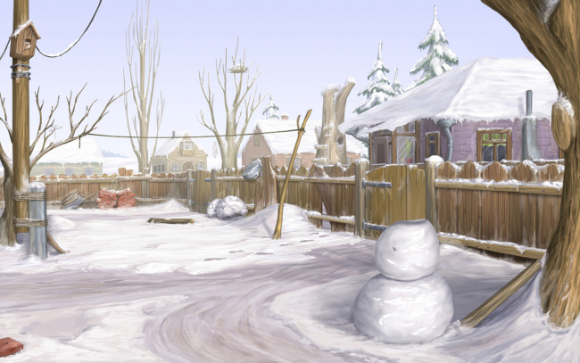 Обои картинки фото рисованные, природа, зима, снег, дом, забор, деревья