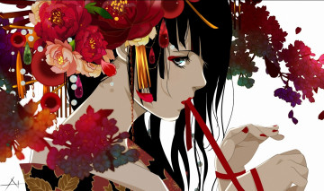 Картинка аниме *unknown другое девушка цветы кимоно лента