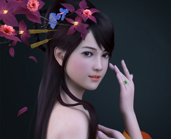 Обои картинки фото 3д, графика, people, люди, рендер, zhang, qiang, девушка, азиатка, рука, цветы, кольцо