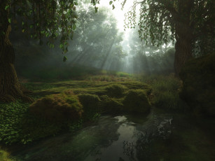 Картинка 3д+графика природа+ nature ручей лучи лес