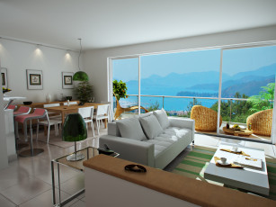 Картинка 3д+графика реализм+ realism балкон окно стулья столы комната диван