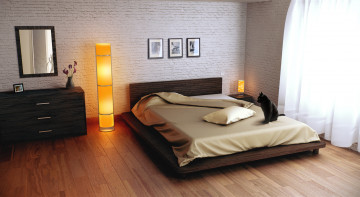 Картинка интерьер спальня картины кровать кот подушки светильник
