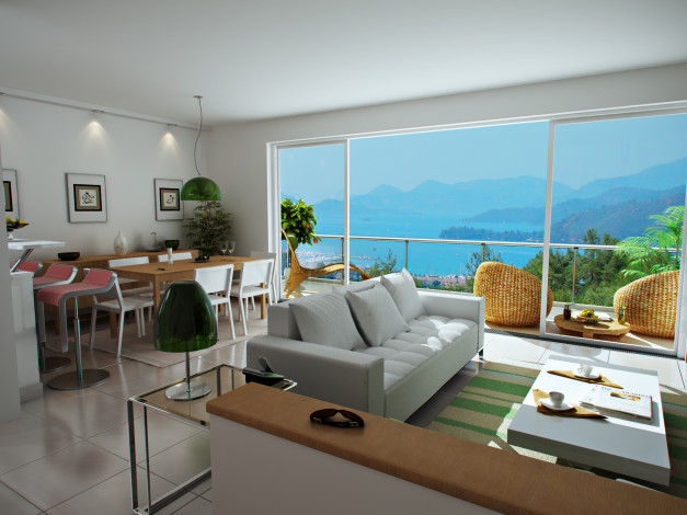 Обои картинки фото 3д графика, реализм , realism, балкон, окно, стулья, столы, комната, диван