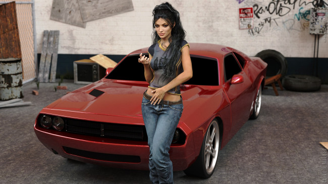 Обои картинки фото автомобили, 3d car&girl, автомобиль, фон, девушка, взгляд