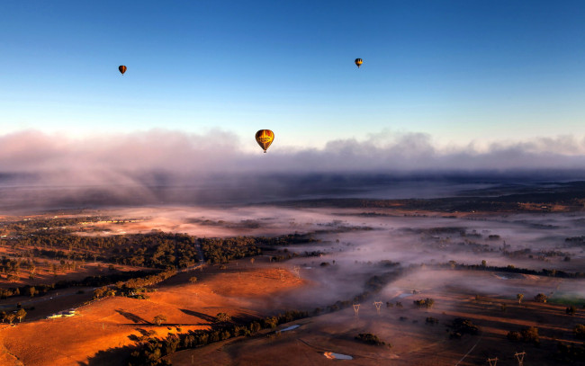 Обои картинки фото авиация, воздушные шары, панорама, небо, туман, облака