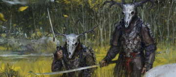 Картинка фэнтези существа меч шлем лес череп воин