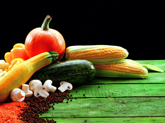 Обои картинки фото еда, овощи, шампиньоны, перец, цуккини, кукуруза
