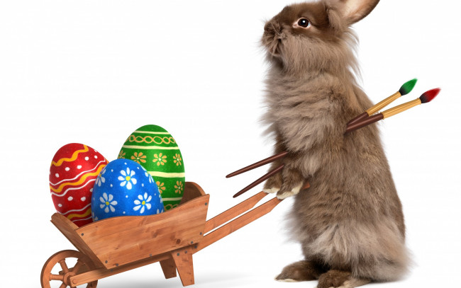 Обои картинки фото праздничные, пасха, holidays, easter, тележка, яйца, крашенные, кисточки, кролик, rabbits