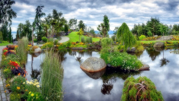 Картинка природа парк водоем лужайки клумбы цветы