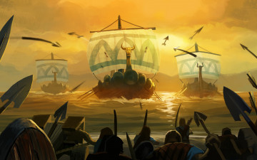 обоя видео игры, age of empires online, море, берег, корабли, воины
