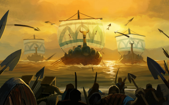 Обои картинки фото видео игры, age of empires online, море, берег, корабли, воины