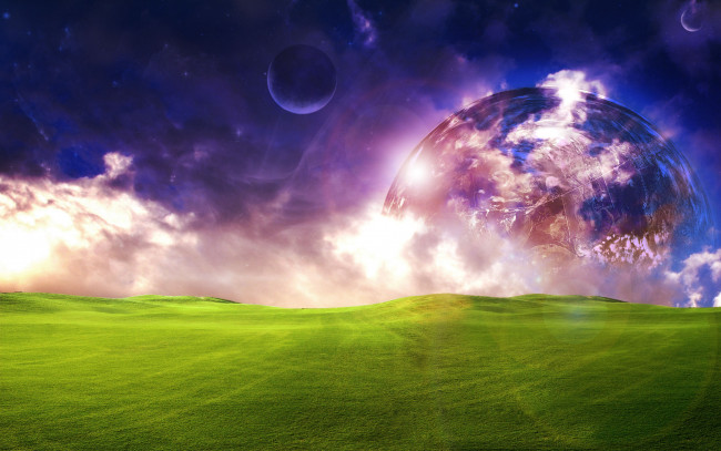 Обои картинки фото разное, компьютерный, дизайн, поле, небо, космос, луг, трава, планета, луна, свет, облака