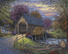 Картинка emerts cove covered bridge рисованные robert finale река мост крытый осень рыбак