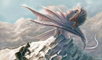 Картинка фэнтези драконы ikaired гора дракон человек воин ярость облака доспехи щит меч