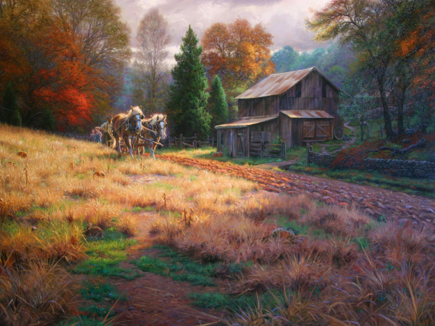 Обои картинки фото the, legacy, рисованные, mark, keathley, поле, деревня, осень, кони