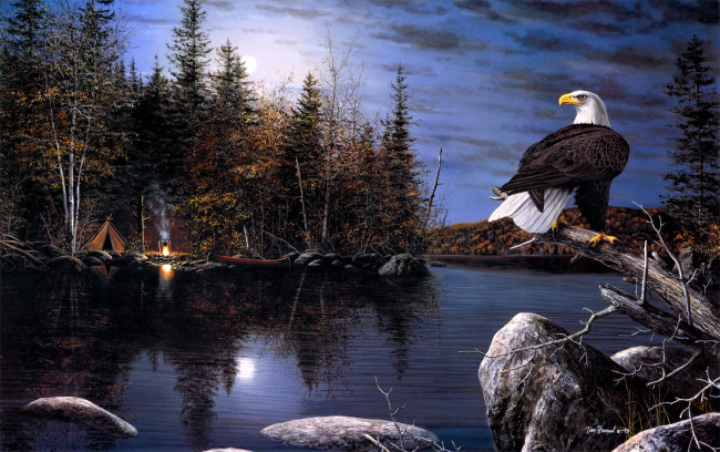 Обои картинки фото reflections, рисованные, jim, hansel, луна, осень, орел, река, палатка
