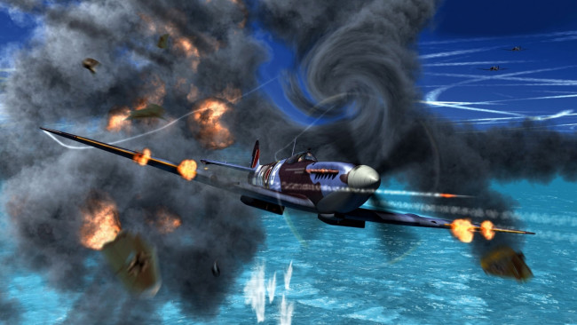 Обои картинки фото «спитфайр», авиация, 3д, рисованые, graphic, огонь, взрыв, выстрелы, истребитель, британский, воздушный, бой, небо
