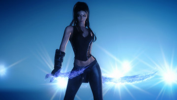 Картинка 3д+графика фантазия+ fantasy синий оружие взгляд девушка доспехи фон