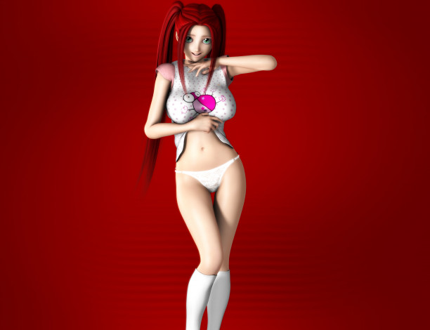 Обои картинки фото 3д графика, аниме , anime, фон, грудь, рыжая, взгляд, девушка