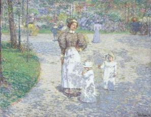 обоя spring in central park, рисованное, frederick childe hassam, дамы, дети, деревья, дорожки, парк