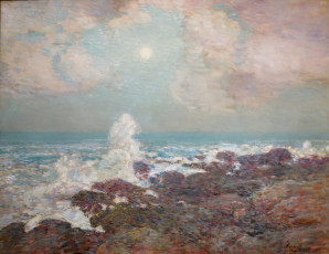 Картинка seascape+isle+of+shoals рисованное frederick+childe+hassam берег прибой волны море луна тучи небо