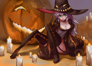 Картинка аниме магия +колдовство +halloween orokanahime арт девушка праздник свечи шляпа тыква