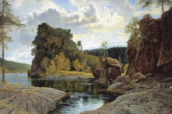 Картинка остров+дивный+валаам рисованное александр+афонин скалы камни лес деревья облака река небо