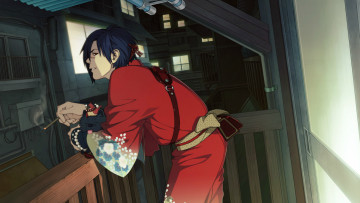 Картинка аниме dramatical+murder окна сигарета art шрам вечер балкон кимоно собачка драматическое убийство koujaku ren honyarara dramatical murder