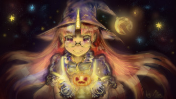 Картинка аниме магия +колдовство +halloween праздник свет звезды тыковка ведьма шляпа взгляд девушка арт mingarts