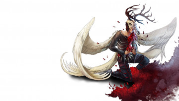 Картинка аниме ангелы +демоны парень фон розы раны кровь цветы