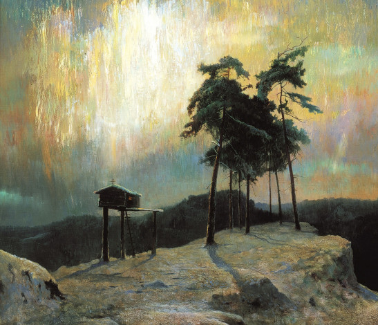 Обои картинки фото свет и во тьме светит, рисованное, александр афонин, скала, избушка, деревья, северное, сияние