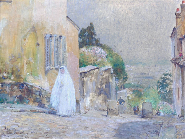 Обои картинки фото spring morning rue mt,  cenis montmartre, рисованное, frederick childe hassam, люди, здания, дома, склон, улица, город