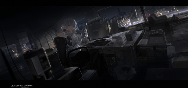 Обои картинки фото аниме, оружие,  техника,  технологии, ночь, офис, девушка, арт, mivit, мрак