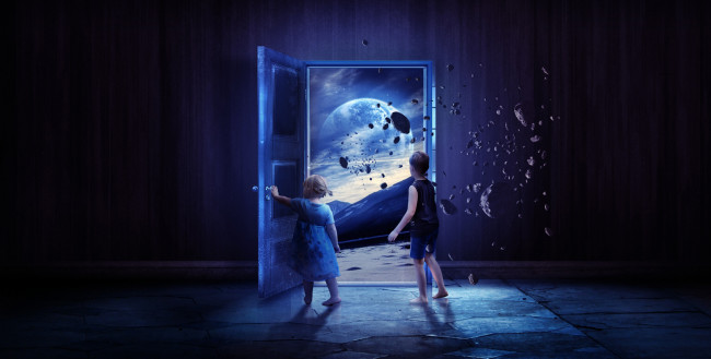 Обои картинки фото фэнтези, фотоарт, девочка, мальчик, дверь, путь, космос, планета, камни