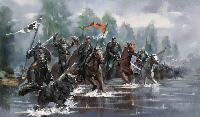Обои картинки фото фэнтези, люди, король, рыцарь, река, кони, знамя, пес, армия