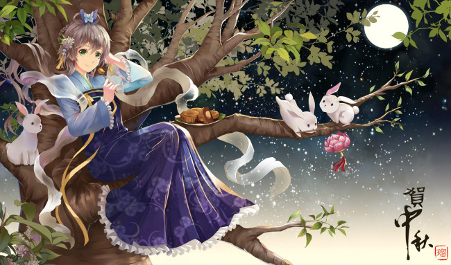 Обои картинки фото аниме, vocaloid, арт, кролики, ryuu32, дерево, луна, кексы, ночь, luo, tianyi, девушка