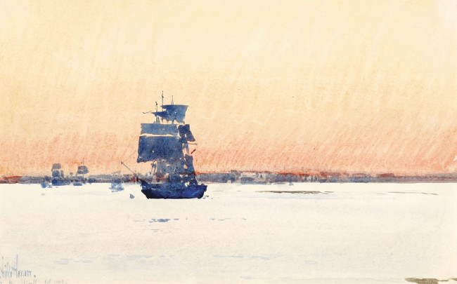Обои картинки фото square rigger, рисованное, frederick childe hassam, небо, парусники, корабли, море